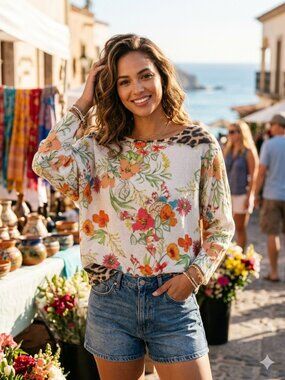Coastal Bloom Lightweight Open-Stitch Batwing Sweater